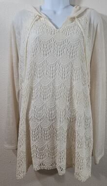 New Directions Cream Beige Lace Overlay Slub Knit Hoodie Top XL Lightweight Soft